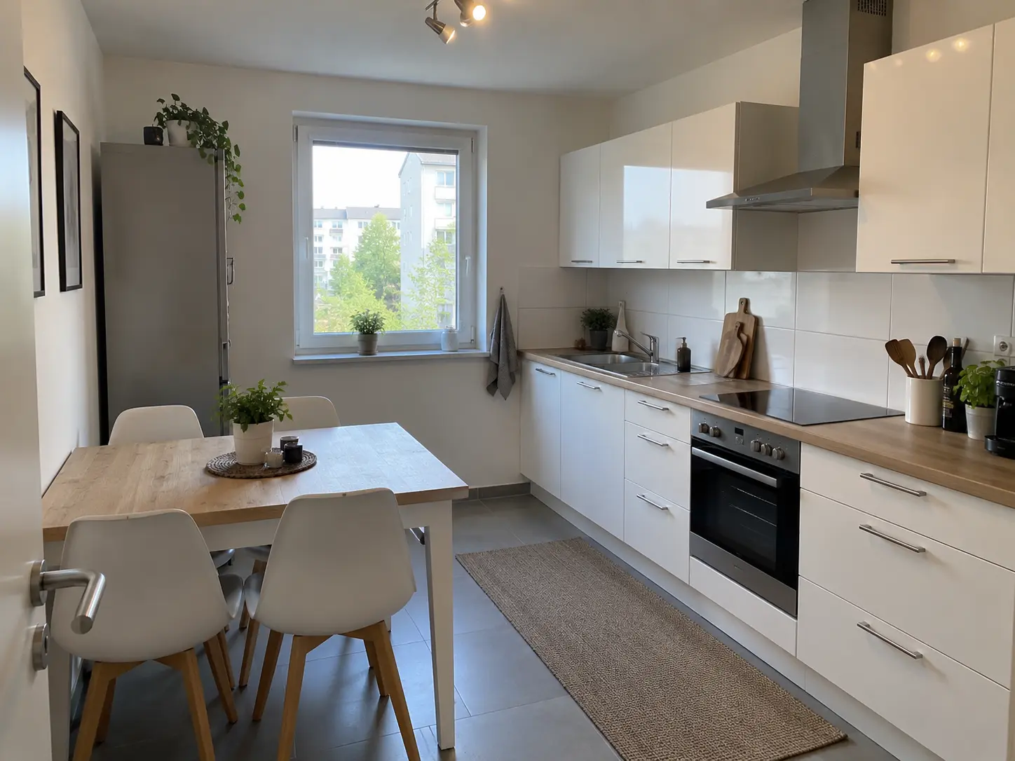 Eingerichtete Küche mit Esstisch und Fenster